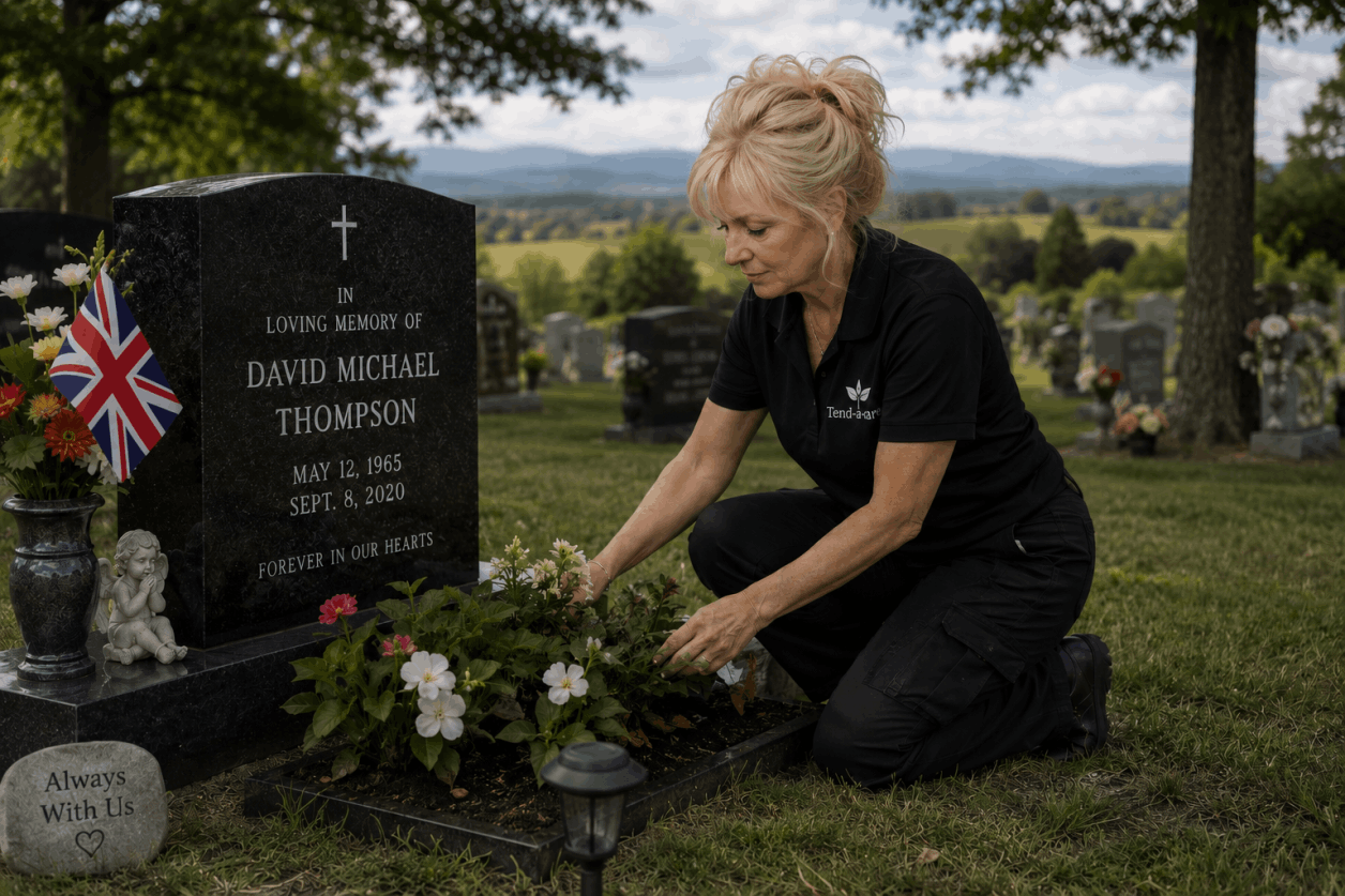 Grave maintenance specialist Elaine from Tend-a-care carrying out seasonal planting and memorial care at a cemetery in the Fylde Coast area, helping families keep loved ones' resting places beautifully maintained.