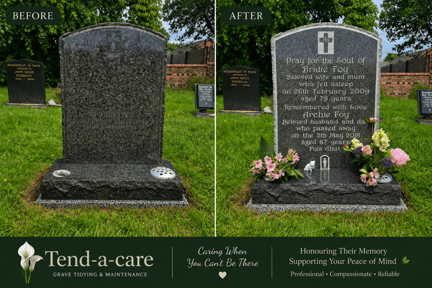 Before and after grave maintenance comparison showing a weathered memorial transformed through professional cleaning, tidying and floral care by Tend-a-care. Grave maintenance and memorial care services across Lytham St Annes and the Fylde Coast.