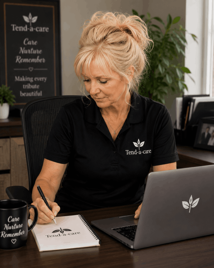 Elaine, founder of Tend-a-care, working from her office and providing compassionate grave maintenance, memorial care and customer support services for families across Lytham St Annes and the Fylde Coast.